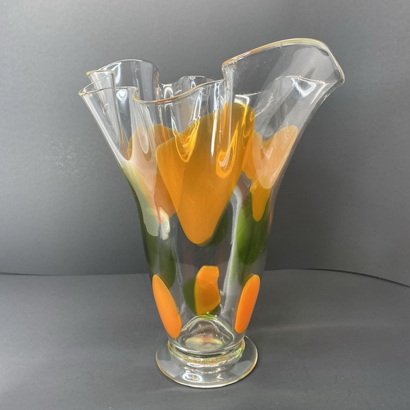 The Unbranded Brand Other - Clear Art Glass Vase Orange And Green Ovals 10" X 7" Ruffled  2.4lb  Hand Blown